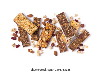 Top view of granola energy bar with dried cranberries and mix of nuts for healthy nutrition isolated on white background - Powered by Shutterstock