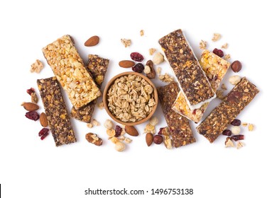 Top view of granola energy bar with dried cranberries and mix of nuts for healthy nutrition isolated on white background - Powered by Shutterstock