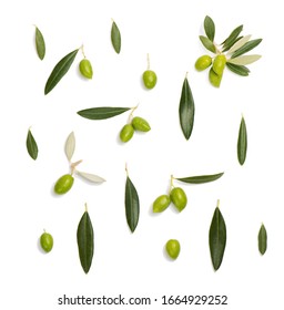 Top View Of Green Olive With Leaves And Twig Of Olive Tree,   Isolated On White Background. Flat Lay.