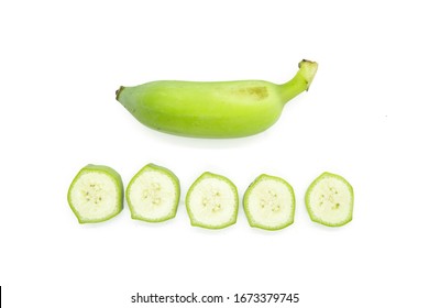 Top view Green Pisang Awak banana standing with banana slice isolated on white background.