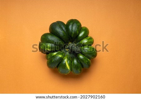 Top view of green pumkin on the orange background.Empty space