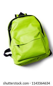 Top View Of Green School Backpack On White Background