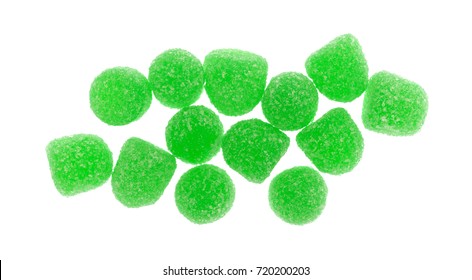 Top View Of Green Sugar Coated Sour Drop Candy Isolated On A White Background.