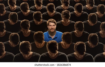 Top view of grey crowd of identical people and special one man, difference and diversity concept. Unique among the faceless, not like everyone else. Smiling and confident, feels happy. Collage. - Shutterstock ID 1826386874