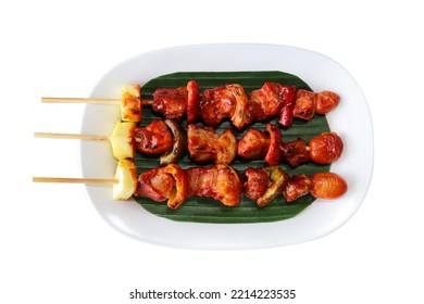 Top View Of Grilled Beef And Vegetables Isolated On White Background.