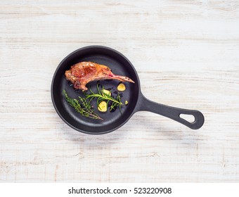 Top View Of Grilled Lamb Chop In Frying Pan