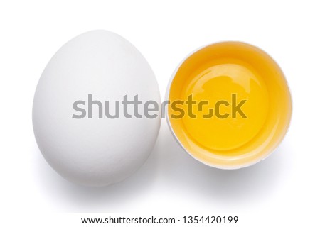 top view of group eggs and one broken egg isolated on white background