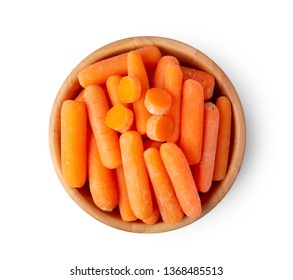 Top View Of A Group Of Organic Small Baby Carrots In Wood Bowl Isolated On A White Background