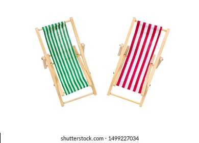 Top View Group Of Wooden Red And Green Beach Chairs Lounge Isolated On White Background.