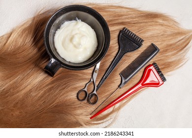 Top View Of Hair, Scissors, Comb And Hair Dye, Beauty Hair Salon Concept