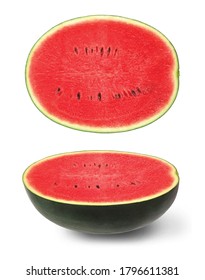 Top View Of Half Watermelon Isolated On White Background, Clipping Mask. Png.