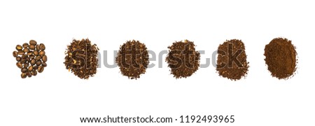 Top view of hand grounded light roasted coffee beans. Coffee grounds in many level, whole beans, coarse, medium, fine. On white background, isolated.