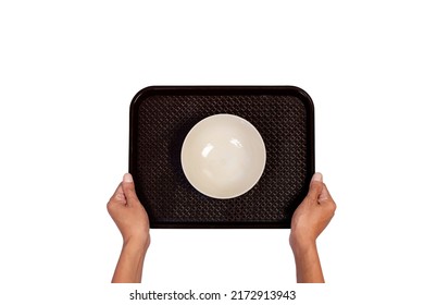 Top View Of Hand Holding  Empty Plastic Tray With Ceramic Bowl Isolated On White Background.