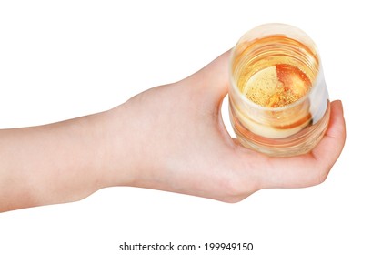 Top View Of Hand Holding Glass With Sparkling Wine Isolated On White Background