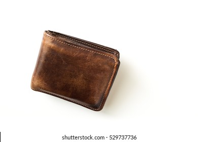 Top View Hand Made Old Leather Wallet Isolated On White Background