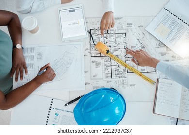 Top View, Hands And Engineering Meeting For The Blueprint Of A Floor Plan For A Construction Building Group Project. Productivity, Architecture And Global Team Working, Drawing And Planning A Design