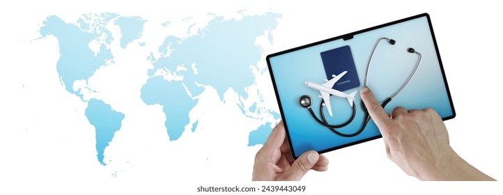 Top view of Hands pointing a digital tablet device with passport, airplane and stethoscope on the screen, Concept of medical insurance travel or health and safety, isolated on world map background  - Powered by Shutterstock