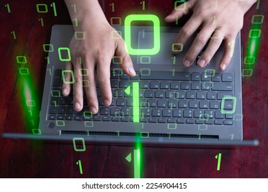 Top view hands are typing and learning how to start computer coding, graphic binary code, education and study concept, programing and development for application, website, pc app