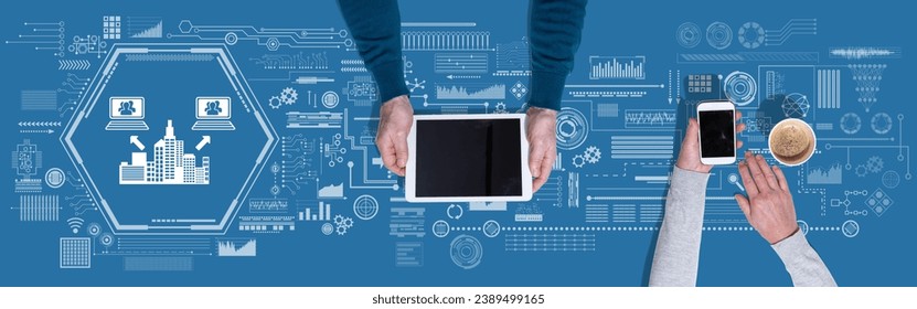 Top view of hands using digital tablet and mobile phone with symbol of bpo concept