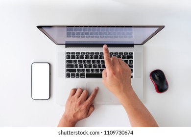 Top view hands using laptop computer, internet communication social media, working from home concept, Online shopping concept, for presentation product