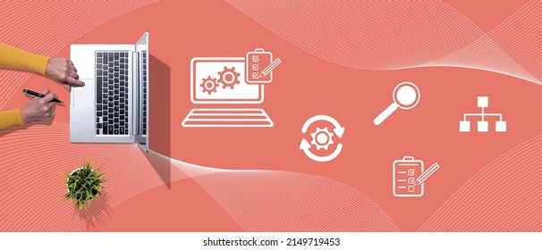Top view of hands using laptop with symbol of software testing concept