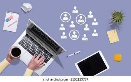 Top view of hands using laptop with symbol of prospects concept - Shutterstock ID 2152123787