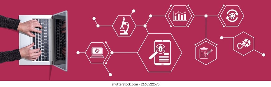 Top View Of Hands Using Laptop With Symbol Of Software Testing Concept