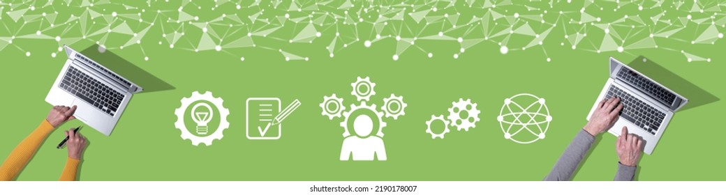 Top view of hands using laptop with symbol of competence concept