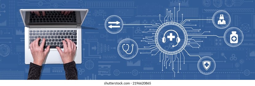 Top View Of Hands Using Laptop With Symbol Of Medical Hotline Concept