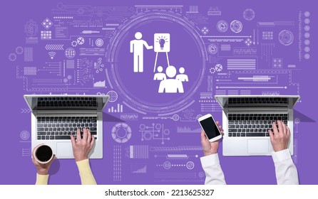 Top View Of Hands Using Laptop With Symbol Of Knowledge Sharing Concept