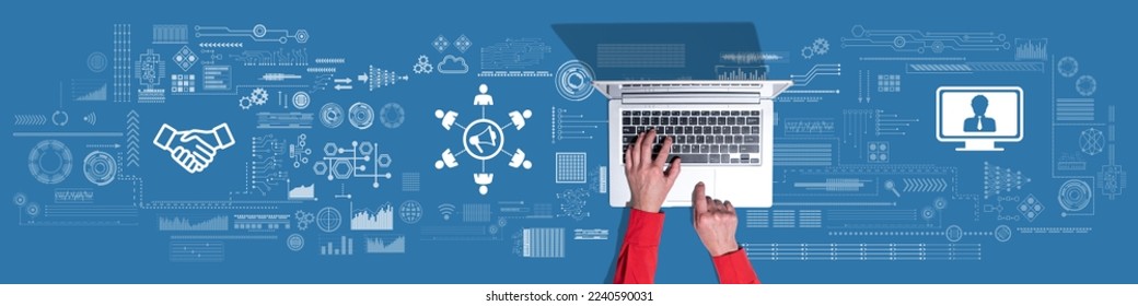 Top view of hands using laptop with symbol of public relations concept - Shutterstock ID 2240590031