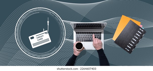 Top view of hands using laptop with symbol of phishing concept - Shutterstock ID 2264607403