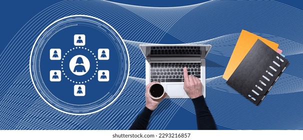 Top view of hands using laptop with symbol of influencer concept