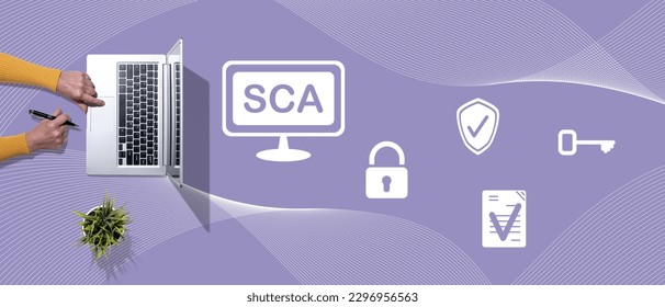 Top view of hands using laptop with symbol of sca concept