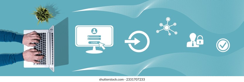 Top view of hands using laptop with symbol of login concept