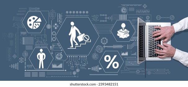 Top view of hands using laptop with symbol of unemployment concept - Powered by Shutterstock - Get 15% off with code: PIKWIZARD15