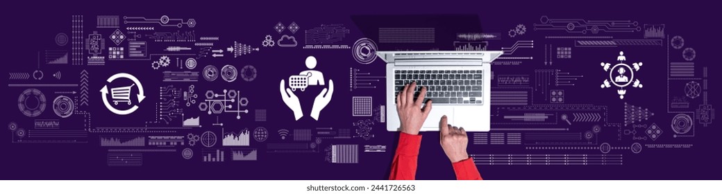 Top view of hands using laptop with symbol of customer loyalty concept