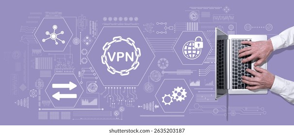 Top view of hands using laptop with symbol of vpn concept