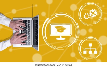 Top view of hands using laptop with symbol of mooc concept