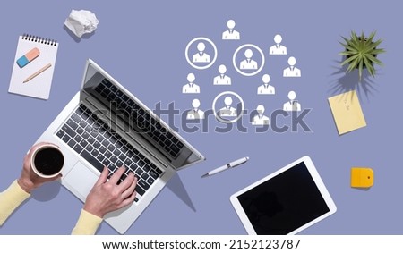Top view of hands using laptop with symbol of prospects concept