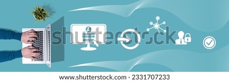 Top view of hands using laptop with symbol of login concept