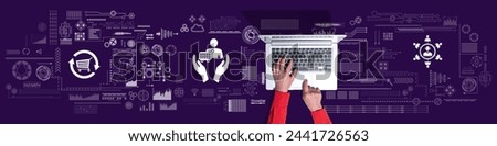 Top view of hands using laptop with symbol of customer loyalty concept