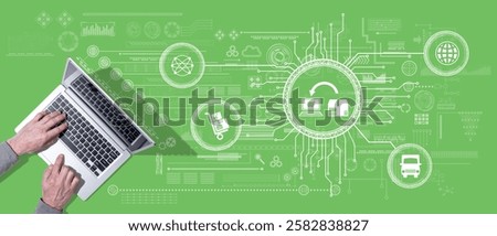 Top view of hands using laptop with symbol of dropshipping concept