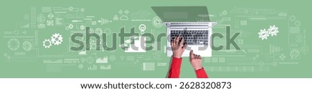 Top view of hands using laptop with symbol of continuing education concept