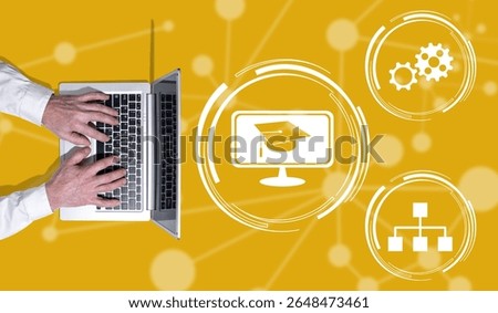 Top view of hands using laptop with symbol of mooc concept