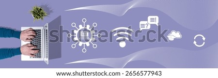 Top view of hands using laptop with symbol of mooc concept