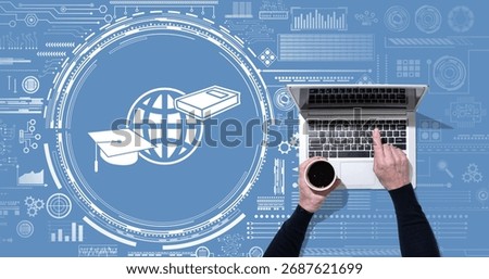Top view of hands using laptop with symbol of mooc concept
