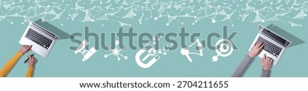 Top view of hands using laptop with symbol of prospects concept
