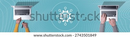 Top view of hands using laptop with symbol of mooc concept