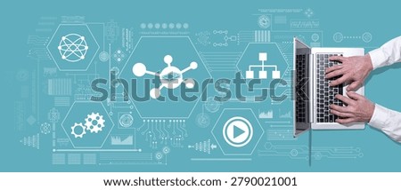 Top view of hands using laptop with symbol of mooc concept